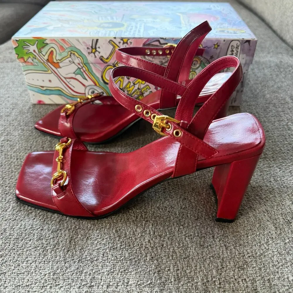 Jeffrey Campbell Lively Red Leather Horsebit Sandal Heels Size 8